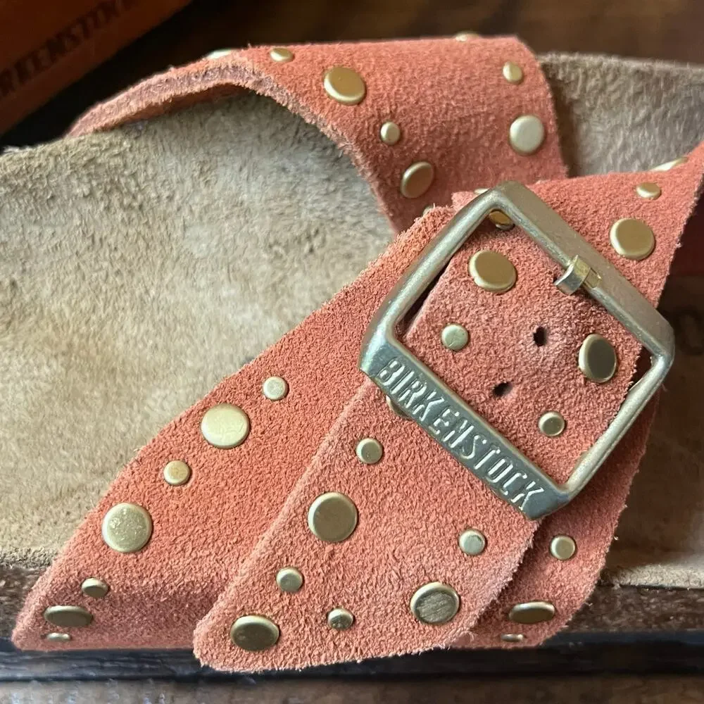 Birkenstock Gizeh Rivet Border Sandals 41 Dark Rust Terracotta Suede Thong Stud - Picture 14 of 16